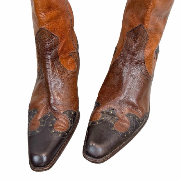 Vintage Stuart Weitzman Western Cowboy Boots Tri-Tone Leather Studded 8.5 - Picture 8 of 11